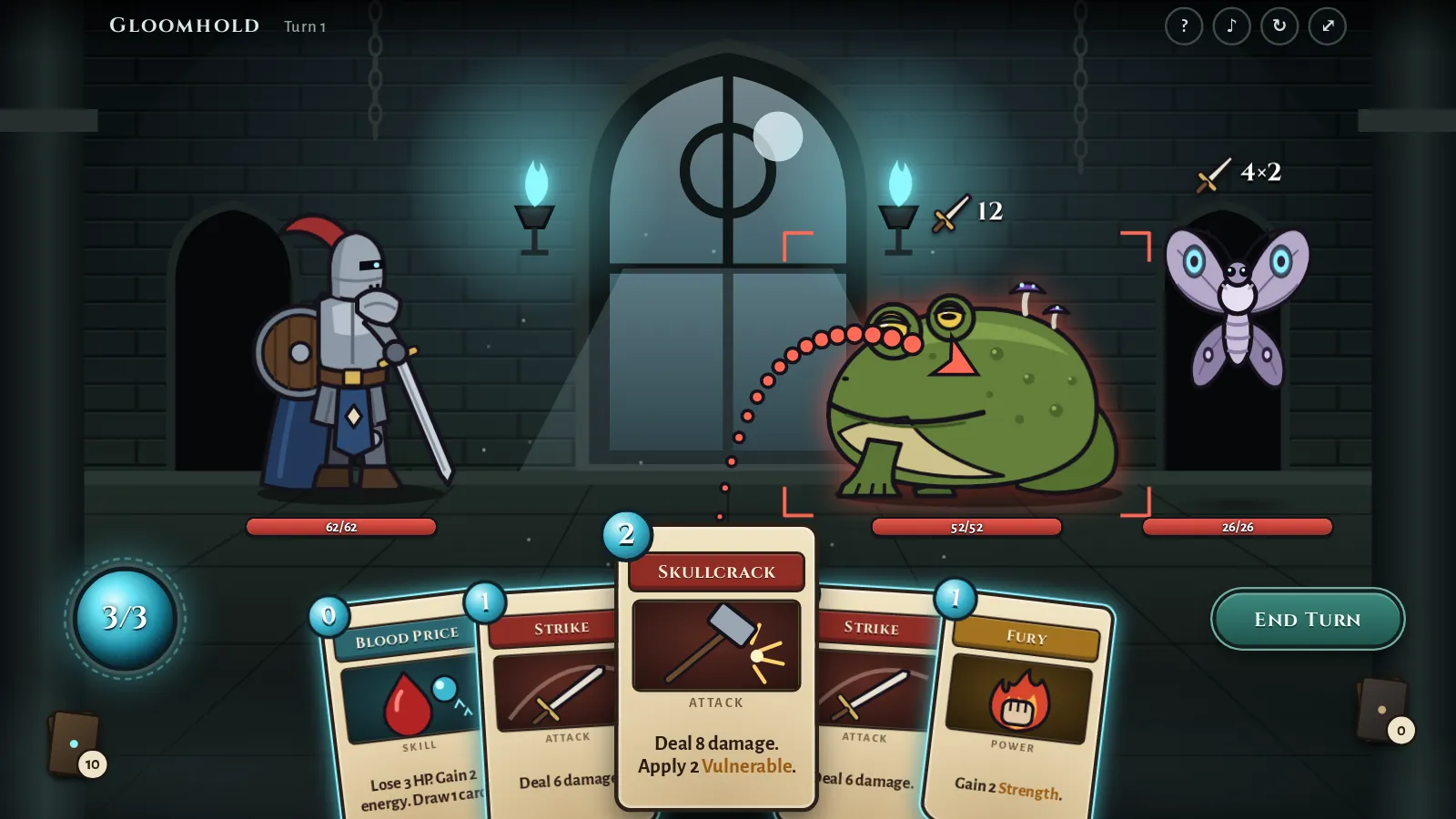 A knight aims a Skullcrack card at a giant toad in a crypt, with a moth hovering behind it
